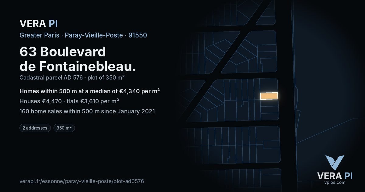 63 Boulevard de Fontainebleau, Paray-Vieille-Poste at night – the plot lit, the parcels around coloured by the prices near them