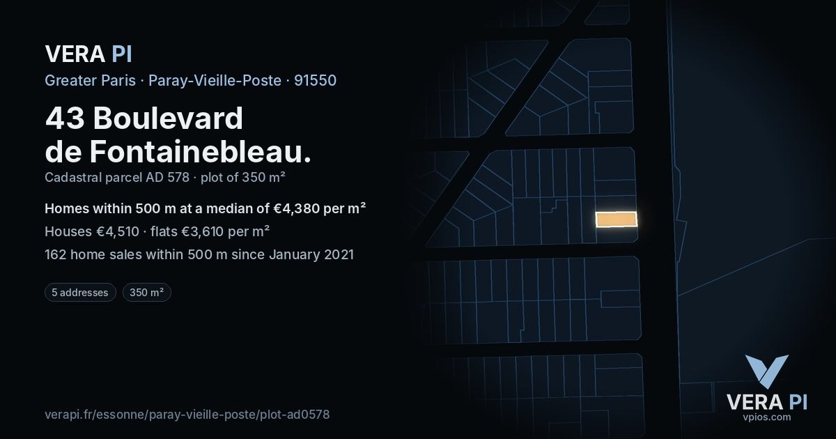 43 Boulevard de Fontainebleau, Paray-Vieille-Poste at night – the plot lit, the parcels around coloured by the prices near them