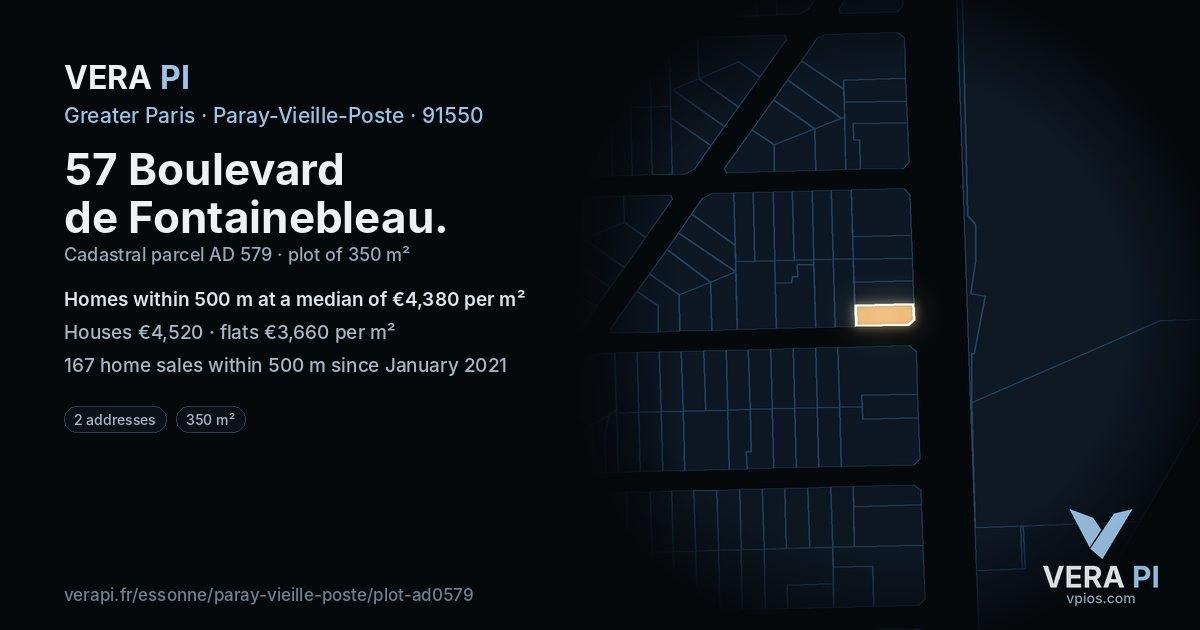 57 Boulevard de Fontainebleau, Paray-Vieille-Poste at night – the plot lit, the parcels around coloured by the prices near them