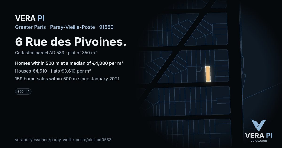 6 Rue des Pivoines, Paray-Vieille-Poste at night – the plot lit, the parcels around coloured by the prices near them