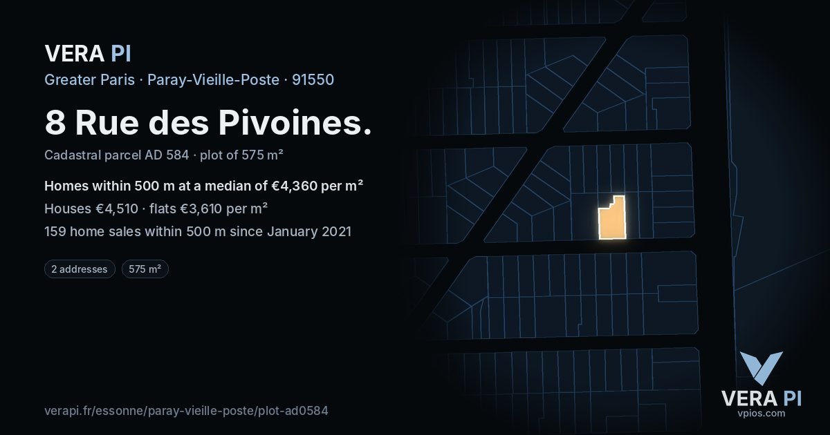 8 Rue des Pivoines, Paray-Vieille-Poste at night – the plot lit, the parcels around coloured by the prices near them