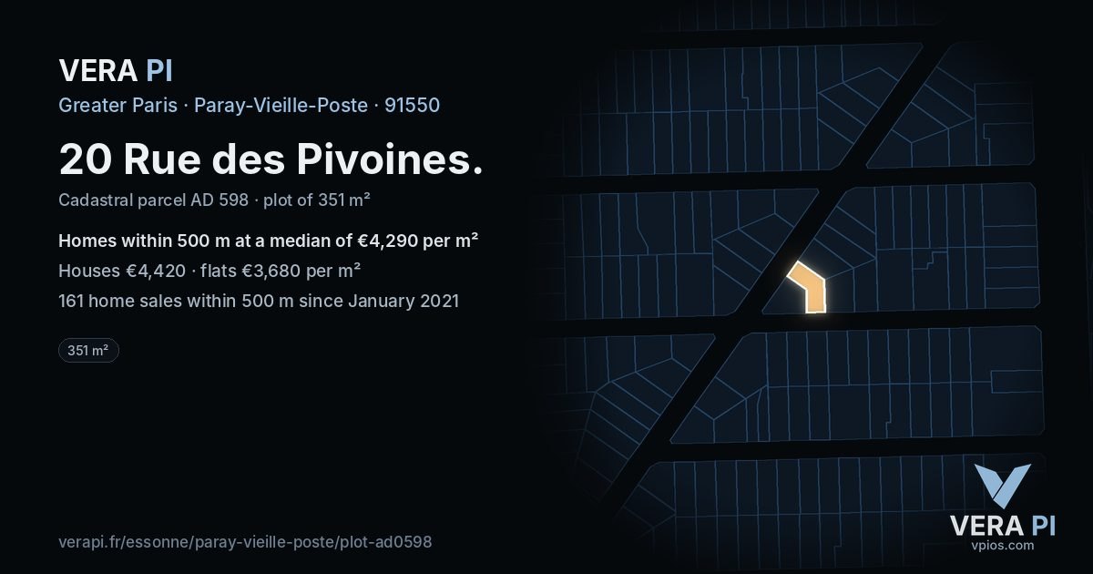20 Rue des Pivoines, Paray-Vieille-Poste at night – the plot lit, the parcels around coloured by the prices near them