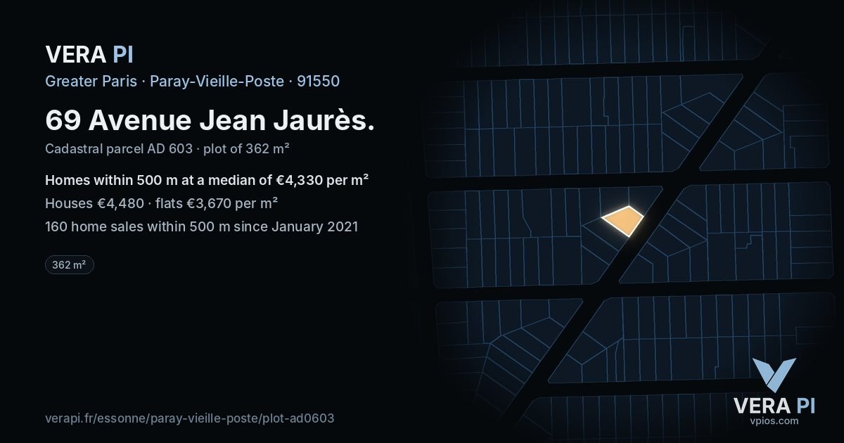 69 Avenue Jean Jaurès, Paray-Vieille-Poste at night – the plot lit, the parcels around coloured by the prices near them