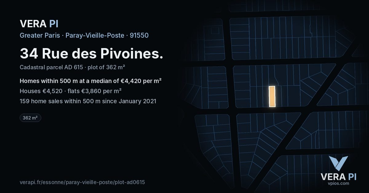 34 Rue des Pivoines, Paray-Vieille-Poste at night – the plot lit, the parcels around coloured by the prices near them
