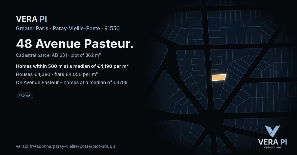 48 Avenue Pasteur, Paray-Vieille-Poste at night – the plot lit, the parcels around coloured by the prices near them