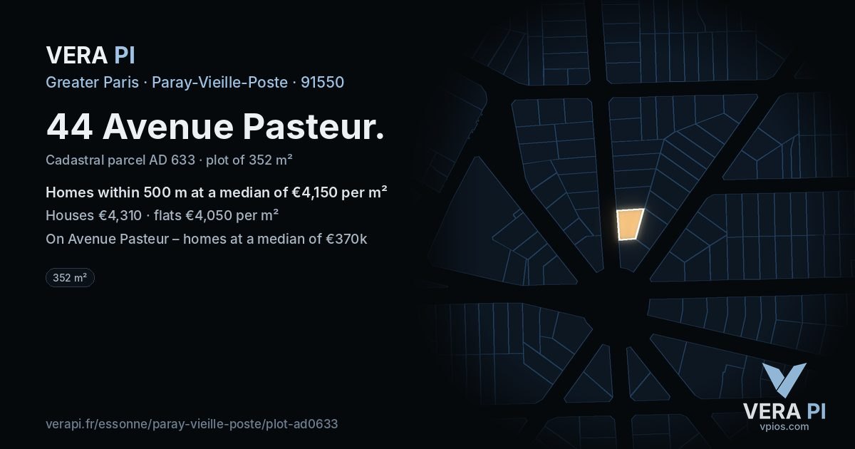 44 Avenue Pasteur, Paray-Vieille-Poste at night – the plot lit, the parcels around coloured by the prices near them