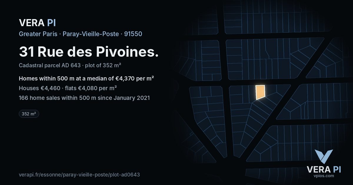 31 Rue des Pivoines, Paray-Vieille-Poste at night – the plot lit, the parcels around coloured by the prices near them