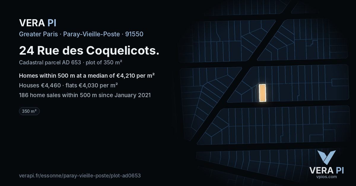24 Rue des Coquelicots, Paray-Vieille-Poste at night – the plot lit, the parcels around coloured by the prices near them