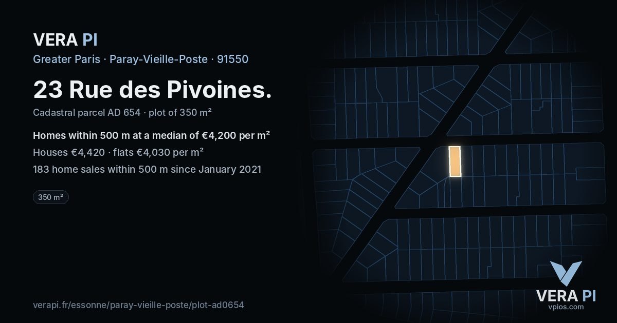 23 Rue des Pivoines, Paray-Vieille-Poste at night – the plot lit, the parcels around coloured by the prices near them