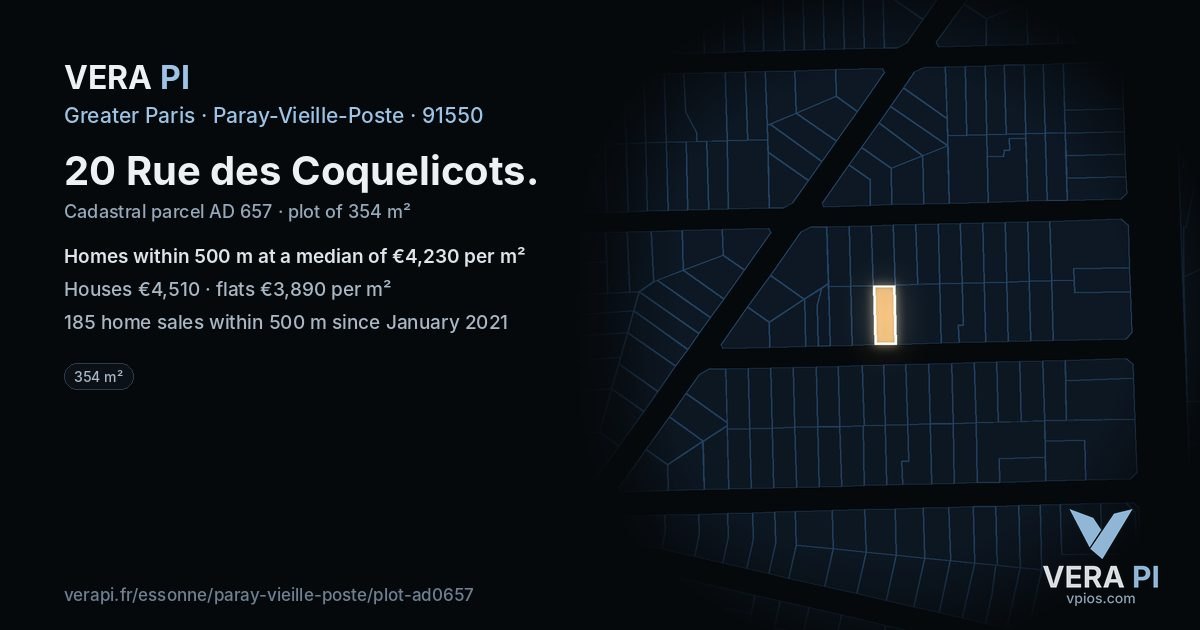 20 Rue des Coquelicots, Paray-Vieille-Poste at night – the plot lit, the parcels around coloured by the prices near them