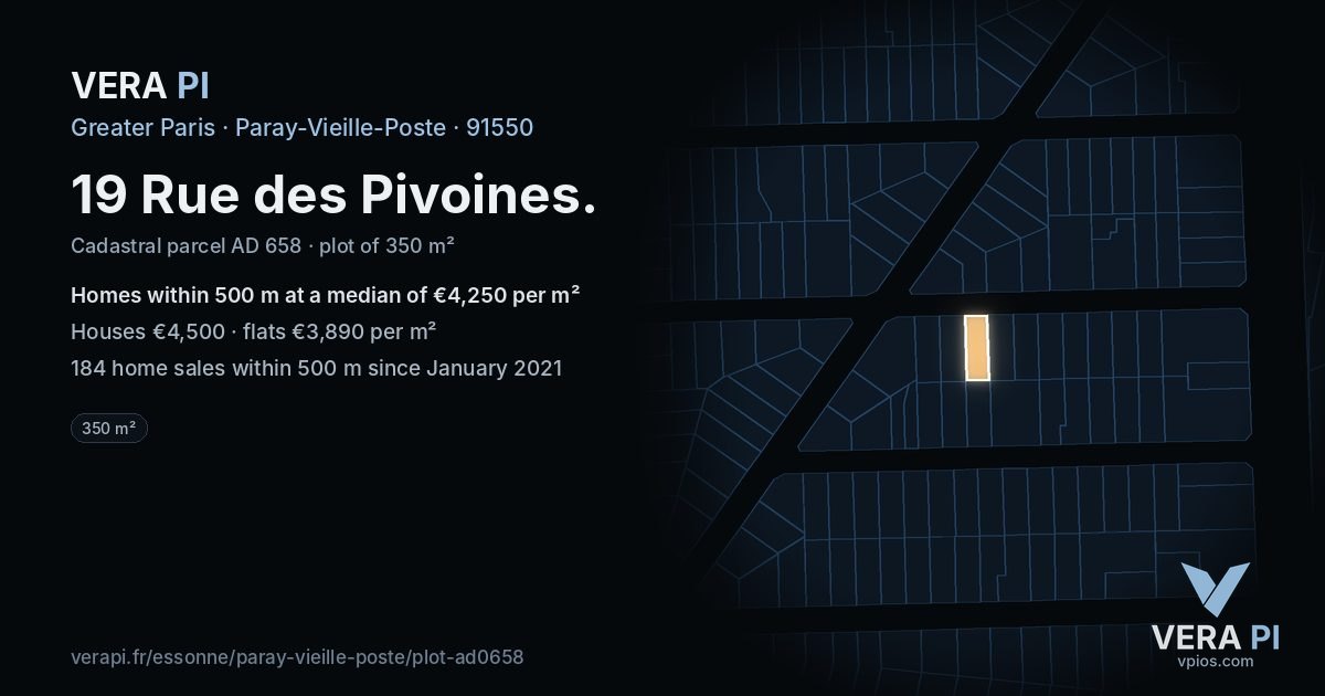 19 Rue des Pivoines, Paray-Vieille-Poste at night – the plot lit, the parcels around coloured by the prices near them