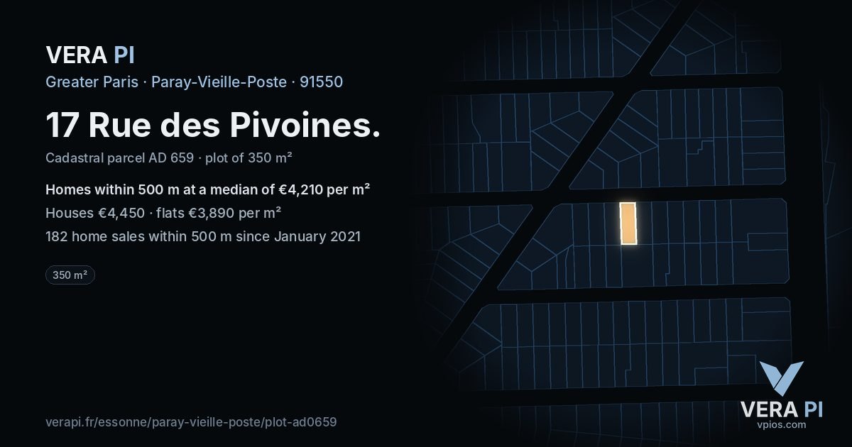 17 Rue des Pivoines, Paray-Vieille-Poste at night – the plot lit, the parcels around coloured by the prices near them