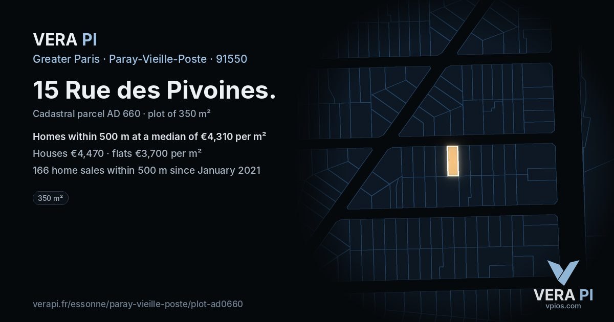 15 Rue des Pivoines, Paray-Vieille-Poste at night – the plot lit, the parcels around coloured by the prices near them