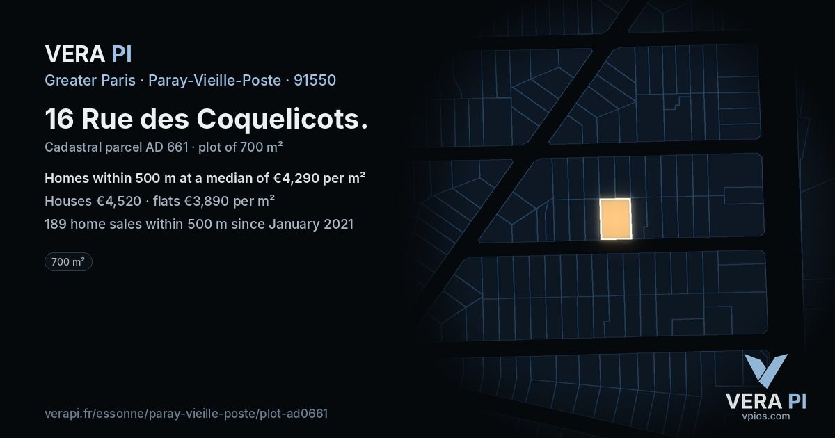 16 Rue des Coquelicots, Paray-Vieille-Poste at night – the plot lit, the parcels around coloured by the prices near them