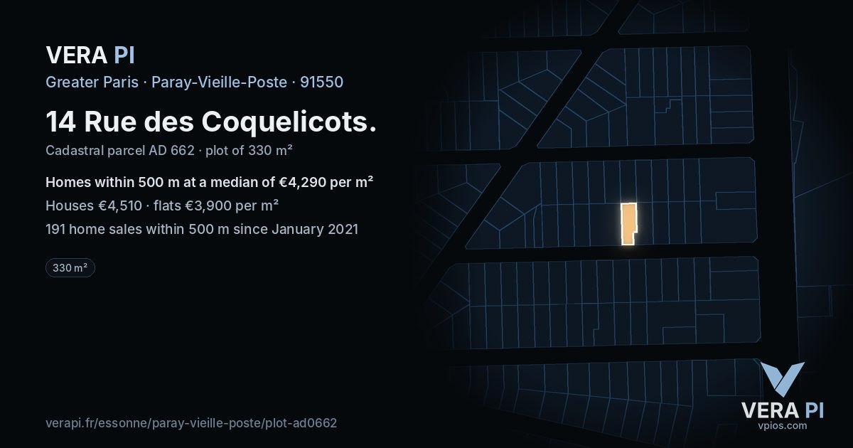 14 Rue des Coquelicots, Paray-Vieille-Poste at night – the plot lit, the parcels around coloured by the prices near them