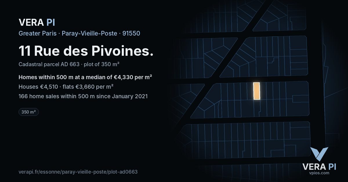 11 Rue des Pivoines, Paray-Vieille-Poste at night – the plot lit, the parcels around coloured by the prices near them