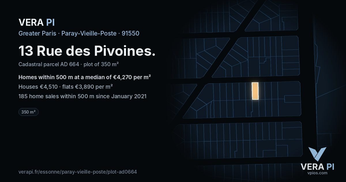 13 Rue des Pivoines, Paray-Vieille-Poste at night – the plot lit, the parcels around coloured by the prices near them