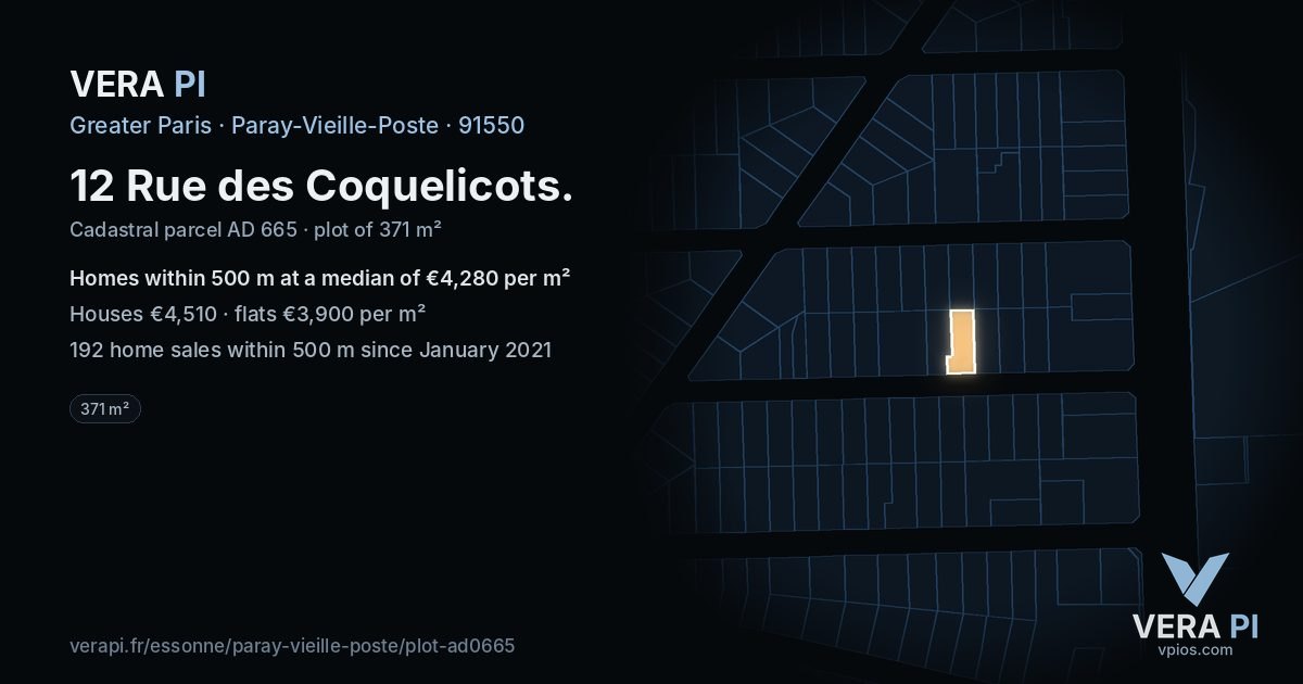12 Rue des Coquelicots, Paray-Vieille-Poste at night – the plot lit, the parcels around coloured by the prices near them