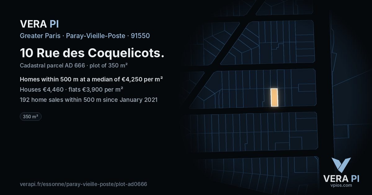 10 Rue des Coquelicots, Paray-Vieille-Poste at night – the plot lit, the parcels around coloured by the prices near them
