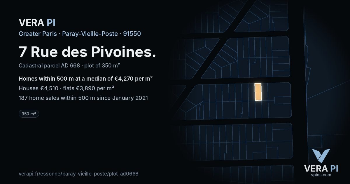 7 Rue des Pivoines, Paray-Vieille-Poste at night – the plot lit, the parcels around coloured by the prices near them