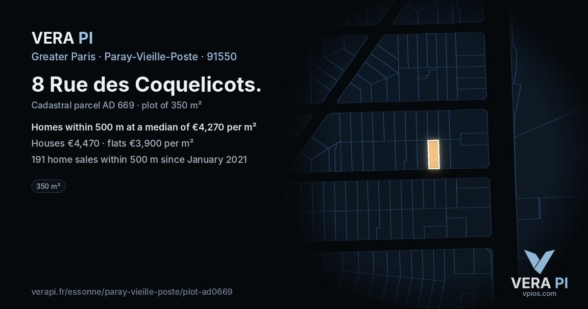 8 Rue des Coquelicots, Paray-Vieille-Poste at night – the plot lit, the parcels around coloured by the prices near them