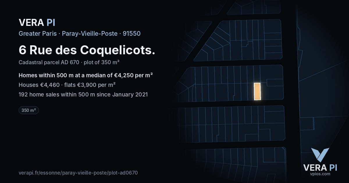 6 Rue des Coquelicots, Paray-Vieille-Poste at night – the plot lit, the parcels around coloured by the prices near them