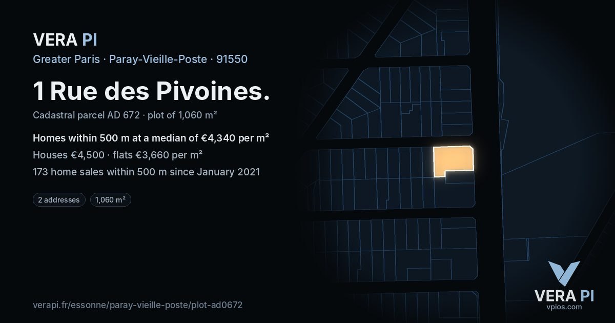 1 Rue des Pivoines, Paray-Vieille-Poste at night – the plot lit, the parcels around coloured by the prices near them