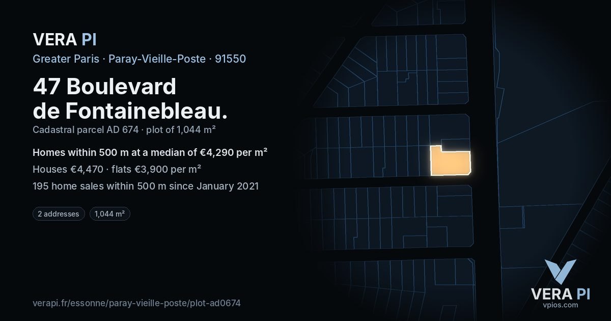 47 Boulevard de Fontainebleau, Paray-Vieille-Poste at night – the plot lit, the parcels around coloured by the prices near them