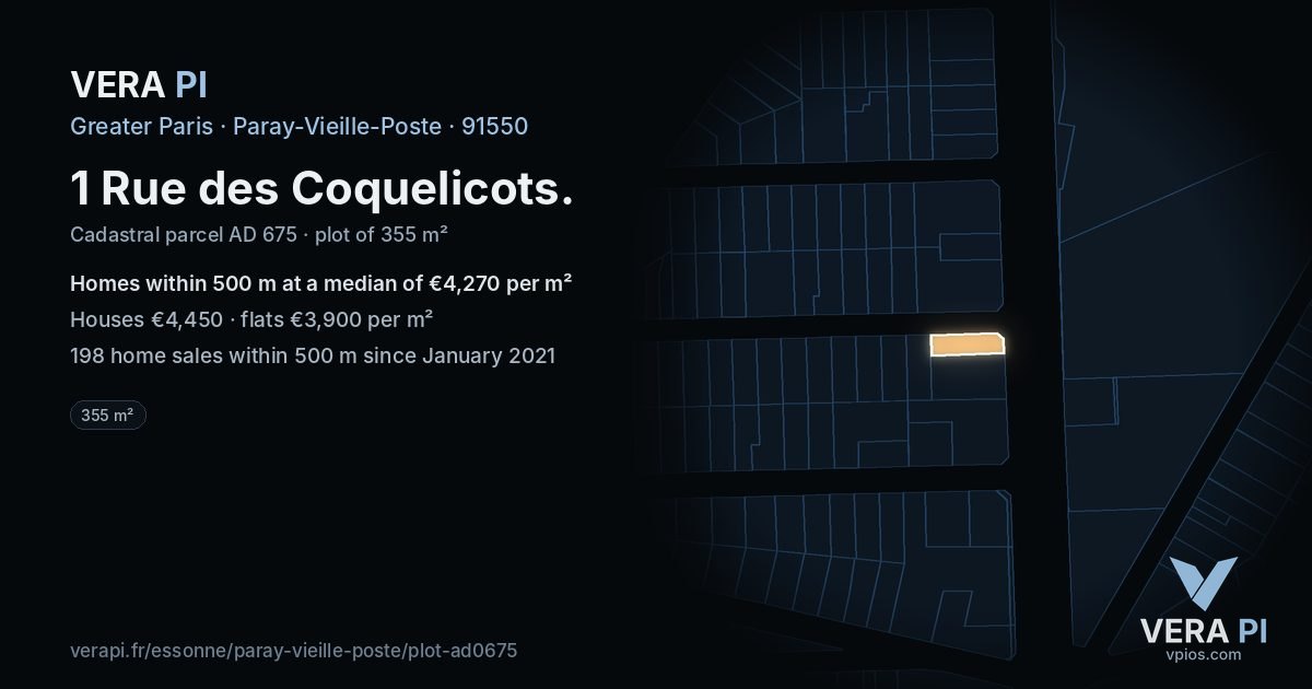 1 Rue des Coquelicots, Paray-Vieille-Poste at night – the plot lit, the parcels around coloured by the prices near them