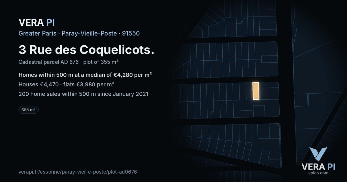3 Rue des Coquelicots, Paray-Vieille-Poste at night – the plot lit, the parcels around coloured by the prices near them