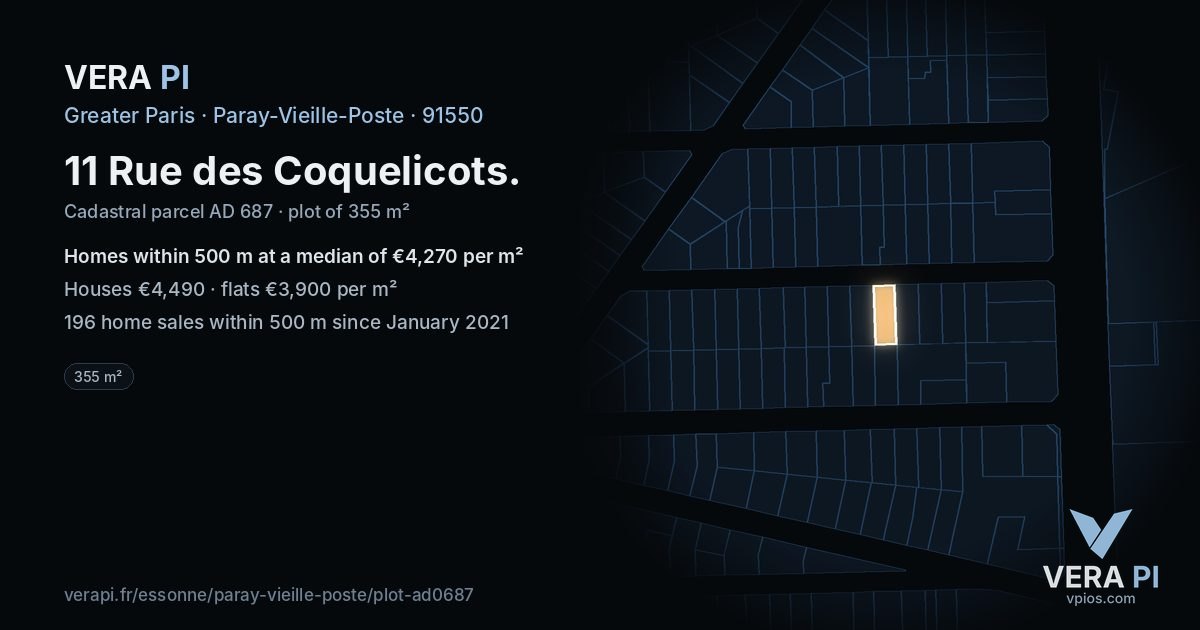 11 Rue des Coquelicots, Paray-Vieille-Poste at night – the plot lit, the parcels around coloured by the prices near them