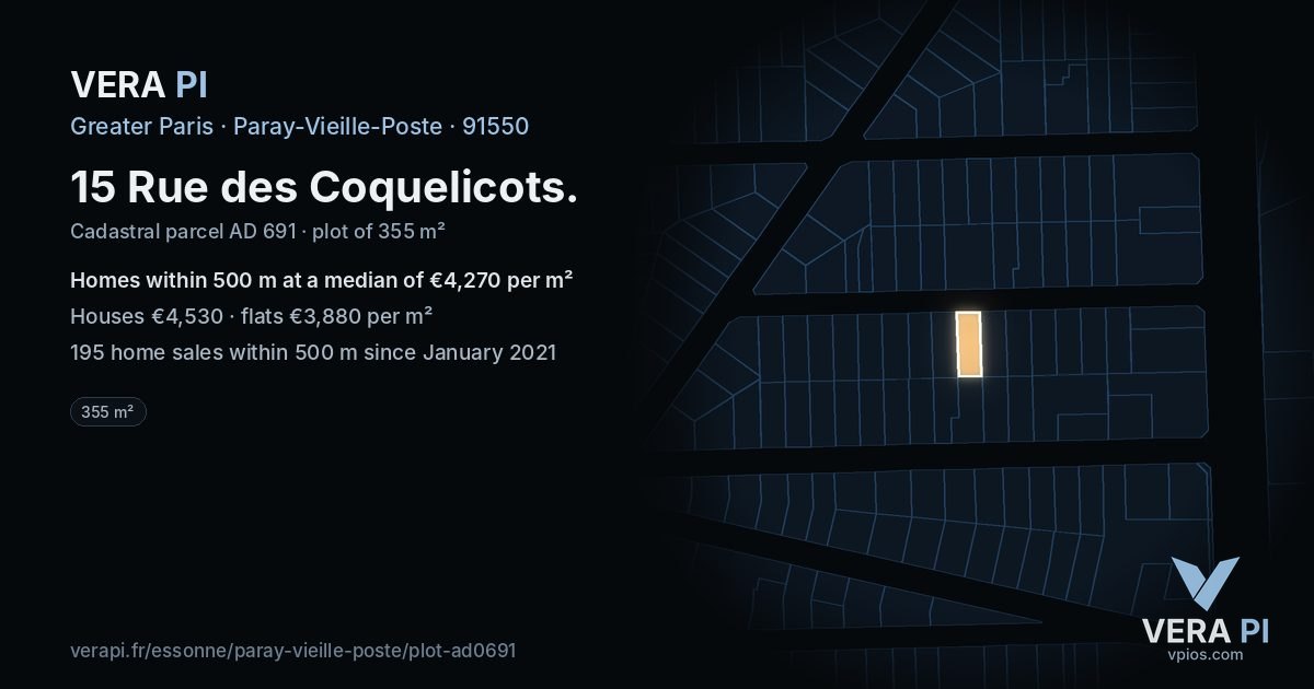 15 Rue des Coquelicots, Paray-Vieille-Poste at night – the plot lit, the parcels around coloured by the prices near them