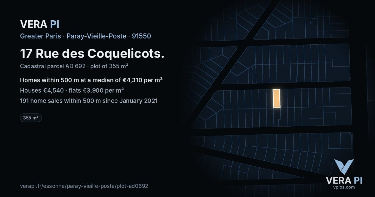17 Rue des Coquelicots, Paray-Vieille-Poste at night – the plot lit, the parcels around coloured by the prices near them