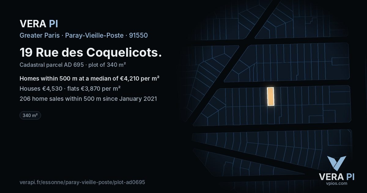 19 Rue des Coquelicots, Paray-Vieille-Poste at night – the plot lit, the parcels around coloured by the prices near them