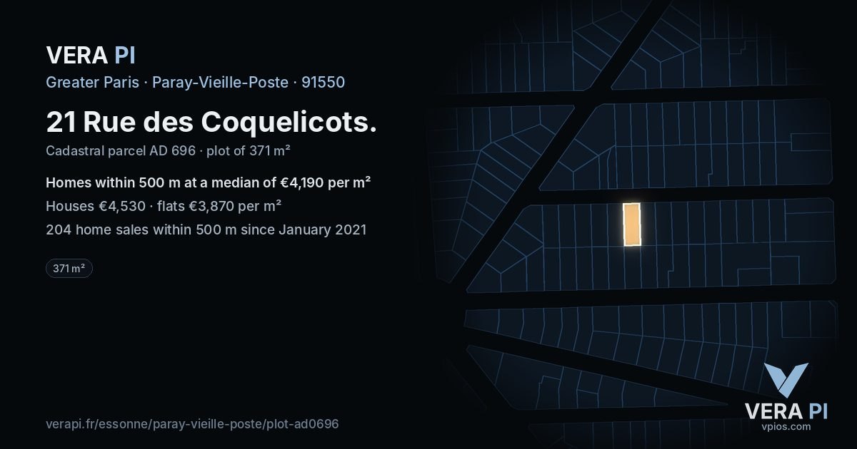 21 Rue des Coquelicots, Paray-Vieille-Poste at night – the plot lit, the parcels around coloured by the prices near them
