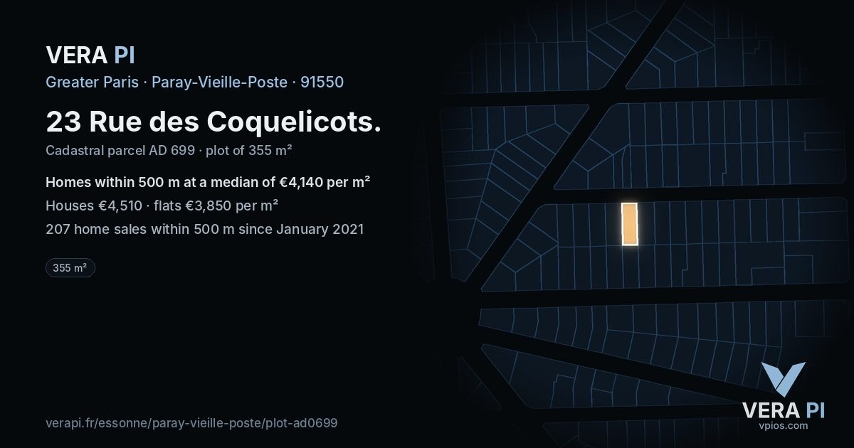 23 Rue des Coquelicots, Paray-Vieille-Poste at night – the plot lit, the parcels around coloured by the prices near them