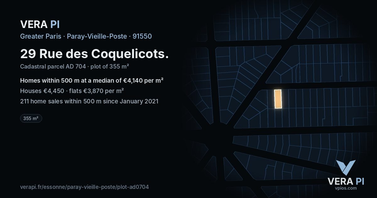 29 Rue des Coquelicots, Paray-Vieille-Poste at night – the plot lit, the parcels around coloured by the prices near them