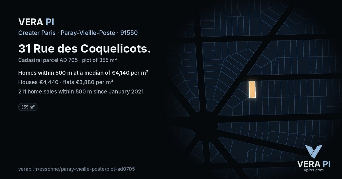 31 Rue des Coquelicots, Paray-Vieille-Poste at night – the plot lit, the parcels around coloured by the prices near them