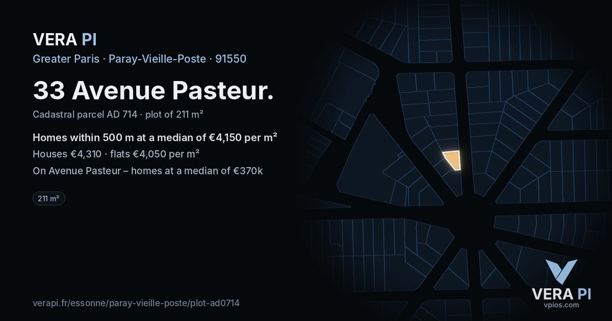 33 Avenue Pasteur, Paray-Vieille-Poste at night – the plot lit, the parcels around coloured by the prices near them
