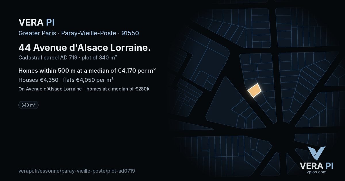 44 Avenue d'Alsace Lorraine, Paray-Vieille-Poste at night – the plot lit, the parcels around coloured by the prices near them