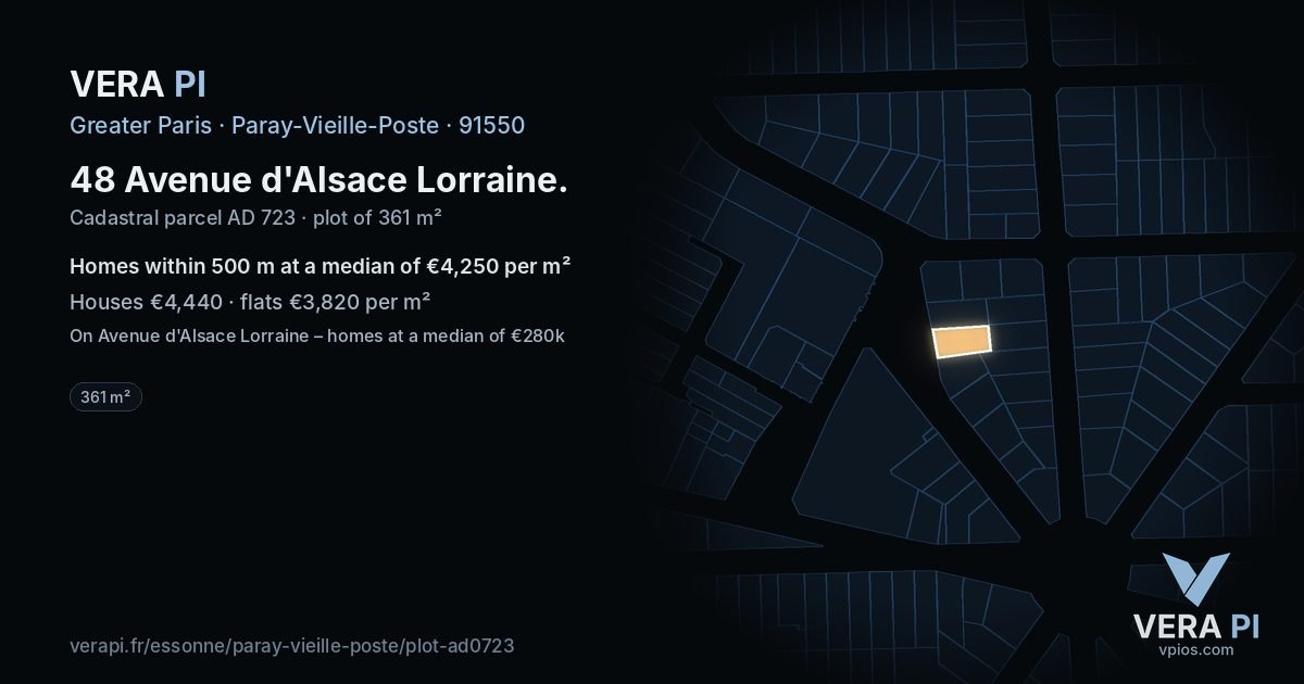 48 Avenue d'Alsace Lorraine, Paray-Vieille-Poste at night – the plot lit, the parcels around coloured by the prices near them