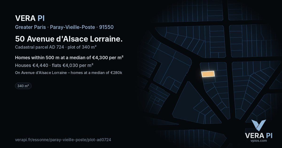 50 Avenue d'Alsace Lorraine, Paray-Vieille-Poste at night – the plot lit, the parcels around coloured by the prices near them