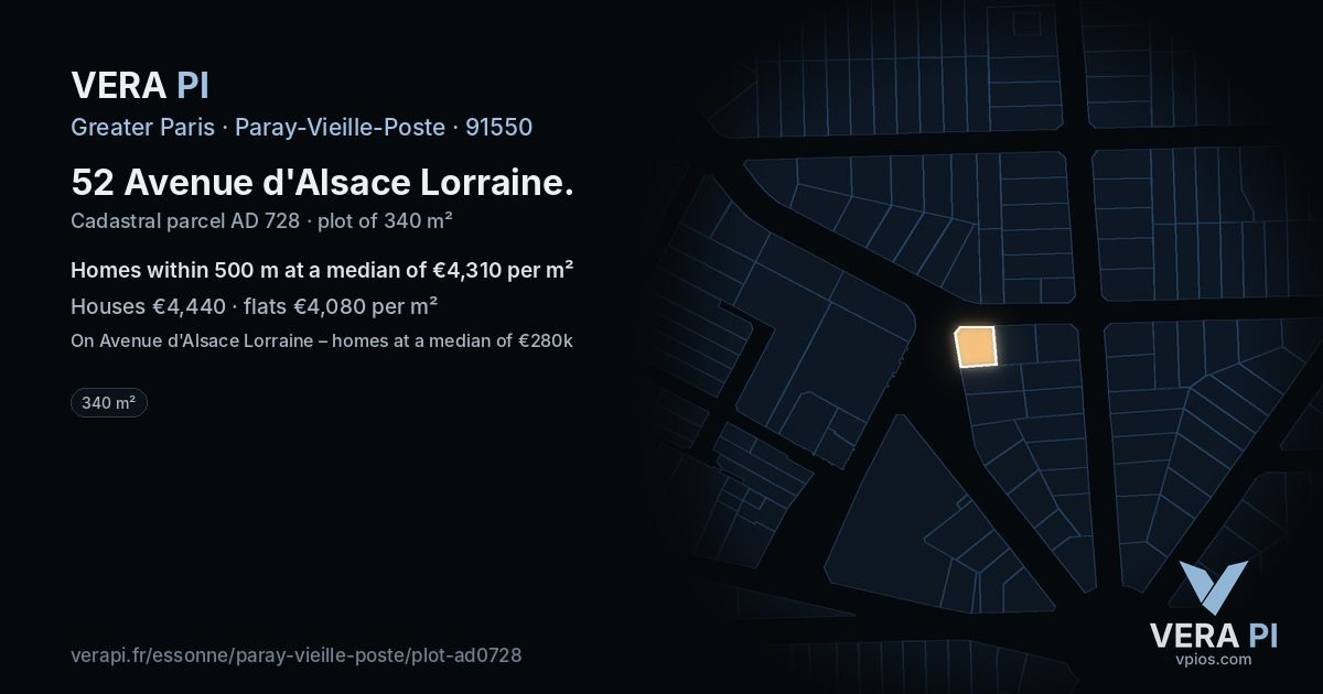 52 Avenue d'Alsace Lorraine, Paray-Vieille-Poste at night – the plot lit, the parcels around coloured by the prices near them