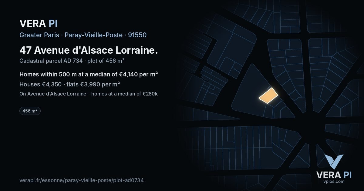 47 Avenue d'Alsace Lorraine, Paray-Vieille-Poste at night – the plot lit, the parcels around coloured by the prices near them
