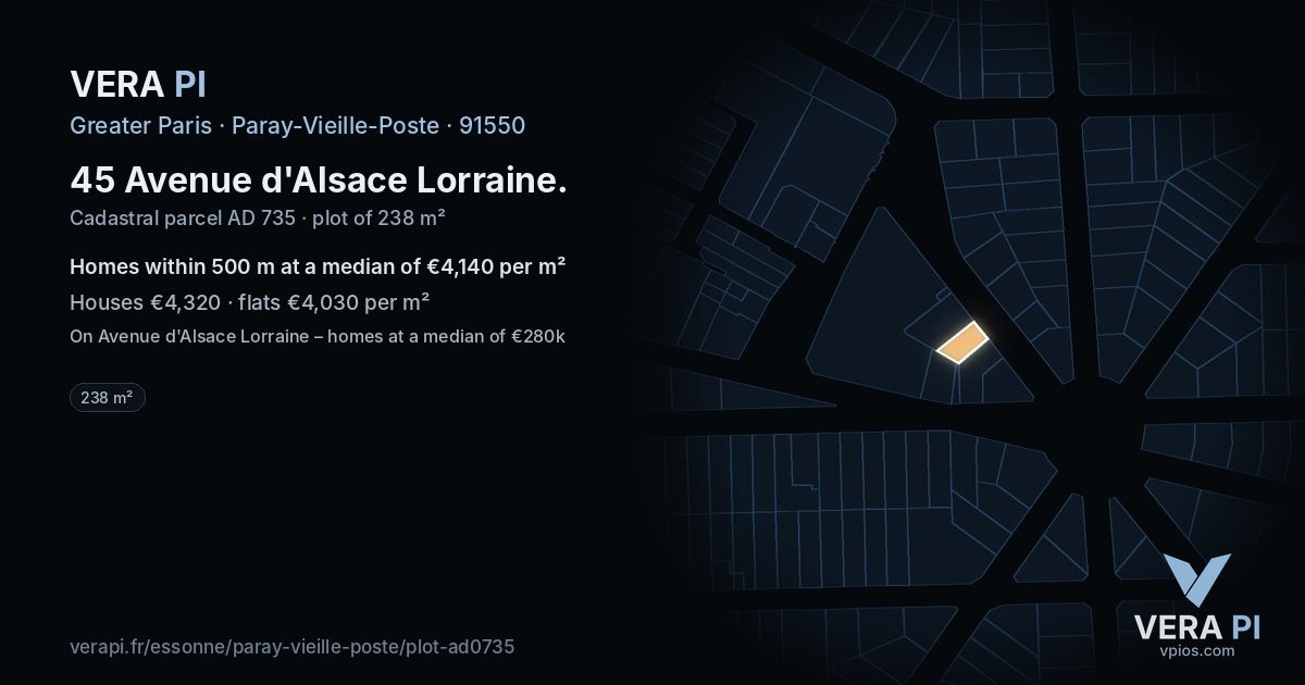 45 Avenue d'Alsace Lorraine, Paray-Vieille-Poste at night – the plot lit, the parcels around coloured by the prices near them