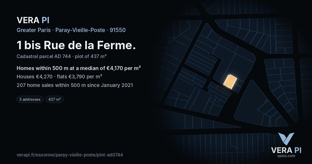 1 bis Rue de la Ferme, Paray-Vieille-Poste at night – the plot lit, the parcels around coloured by the prices near them