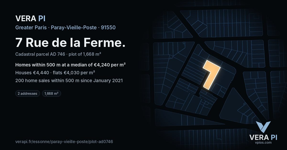7 Rue de la Ferme, Paray-Vieille-Poste at night – the plot lit, the parcels around coloured by the prices near them