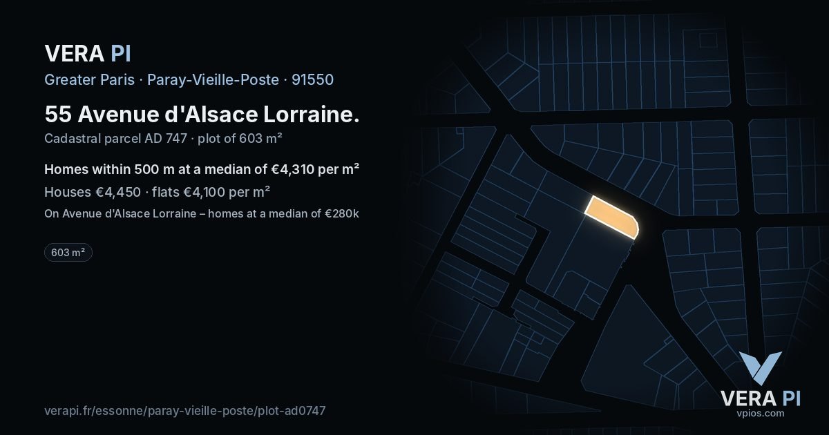55 Avenue d'Alsace Lorraine, Paray-Vieille-Poste at night – the plot lit, the parcels around coloured by the prices near them