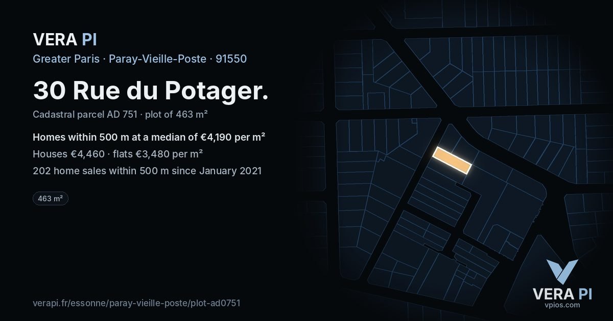 30 Rue du Potager, Paray-Vieille-Poste at night – the plot lit, the parcels around coloured by the prices near them