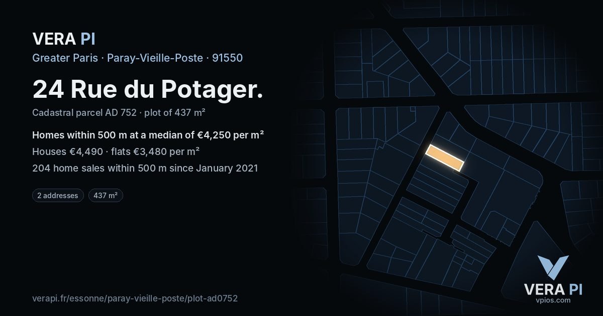 24 Rue du Potager, Paray-Vieille-Poste at night – the plot lit, the parcels around coloured by the prices near them